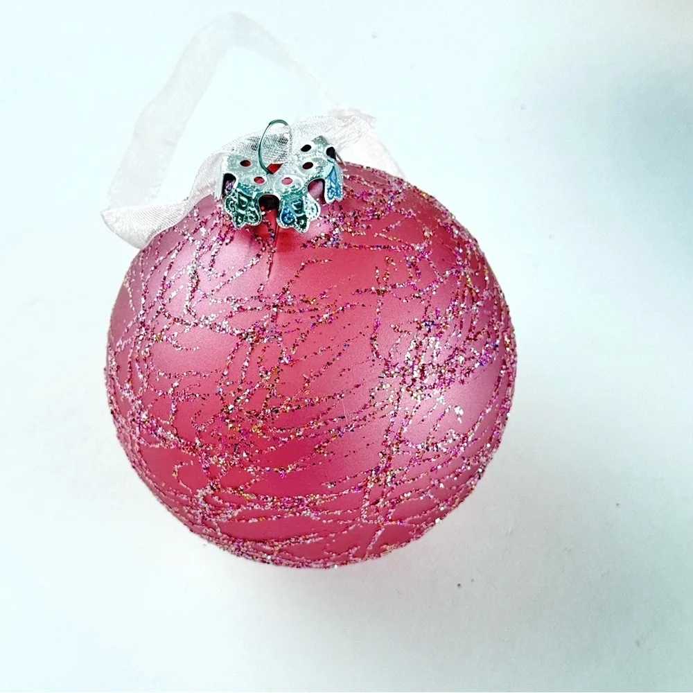 Set Of Three Blown Glass And Glittered Ornaments. Pink, Blue, Gold